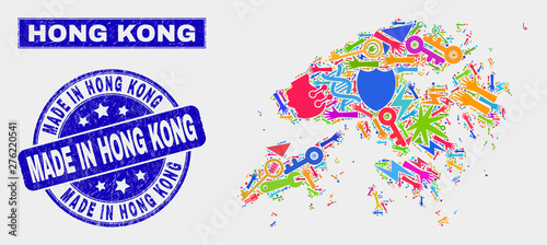 Mosaic service Hong Kong map and Made in Hong Kong seal. Hong Kong map collage constructed with random bright tools, palms, production items. Blue rounded Made in Hong Kong seal with dirty texture.