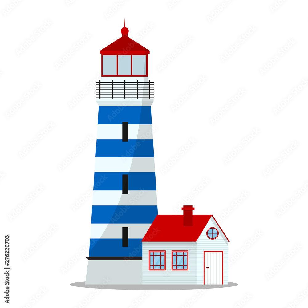 Vector blue and red lighthouse illustration, logo or label isolated on white background with shadow. Flat cartoon style marine concept.