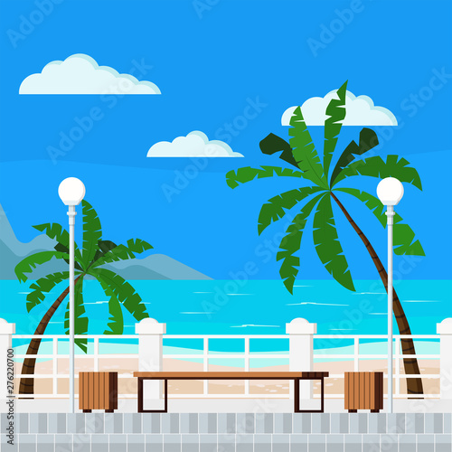 Vector flat cartoon style illustration of blue sea with quay, mountains, clouds, palms, bench, treshcan, street lantern, paving slabs, sand - beach summer background. Beautiful seacoast backdrop.