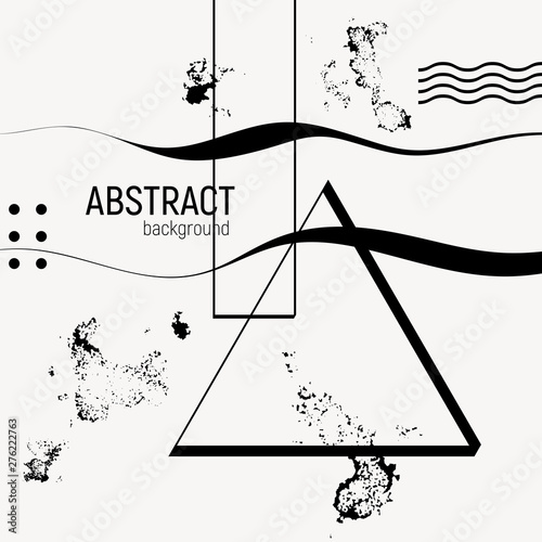 Abstract futuristic monochrome background for poster or cover. Geometric and wavy shapes and dirty staines. 