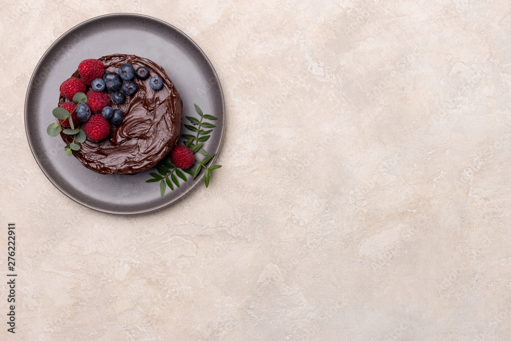 Free space chocolate cake on light background