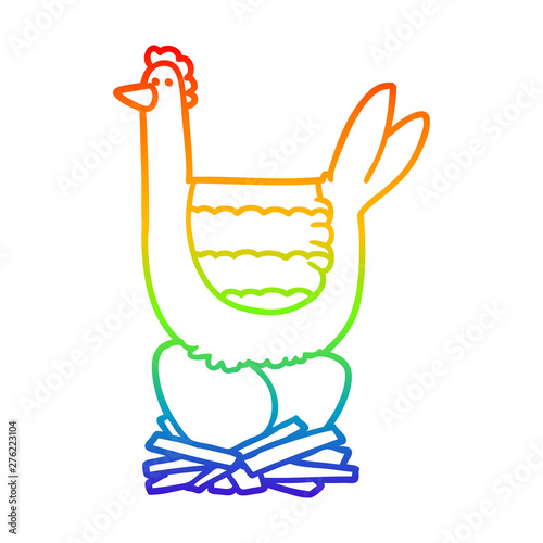 rainbow gradient line drawing cartoon chicken sitting on eggs in nest