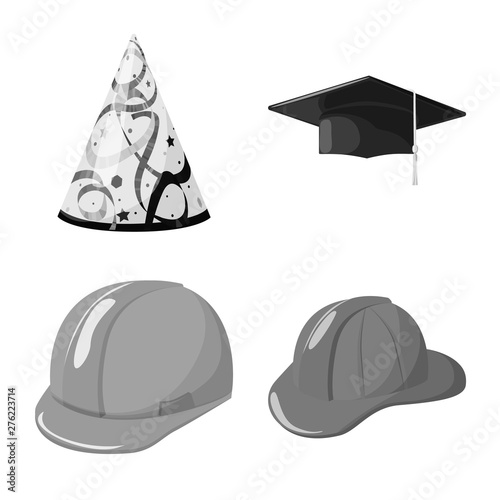 Vector illustration of hat and helmet logo. Set of hat and profession vector icon for stock.
