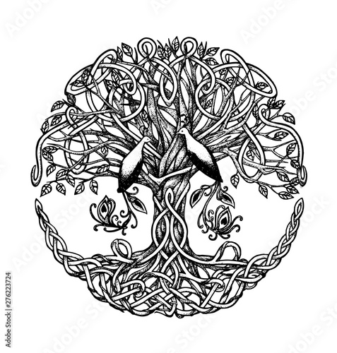 Celtic tree with roots and birds