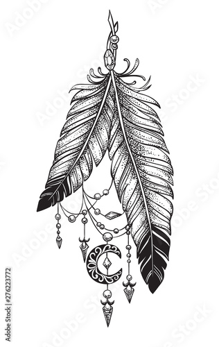 Graphic feathers with crescent moons