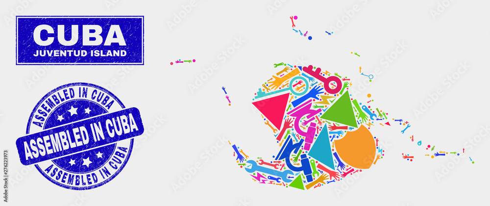 Fototapeta premium Mosaic service Juventud Island map and Assembled in Cuba seal stamp. Juventud Island map collage formed with random colored equipment, hands, production elements.