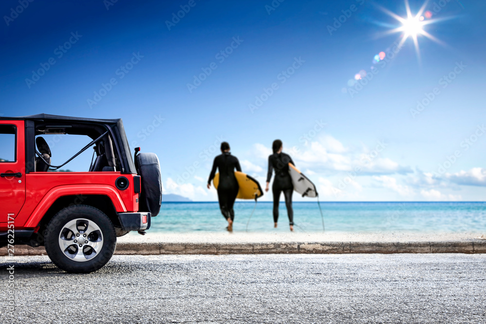 Red summer car and beach landscape. Free space for your decoration and summer time. Red summer car and beach landscape. Free space for your decoration and summer time.