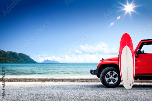 Red summer car and beach landscape. Free space for your decoration and summer time.  © magdal3na