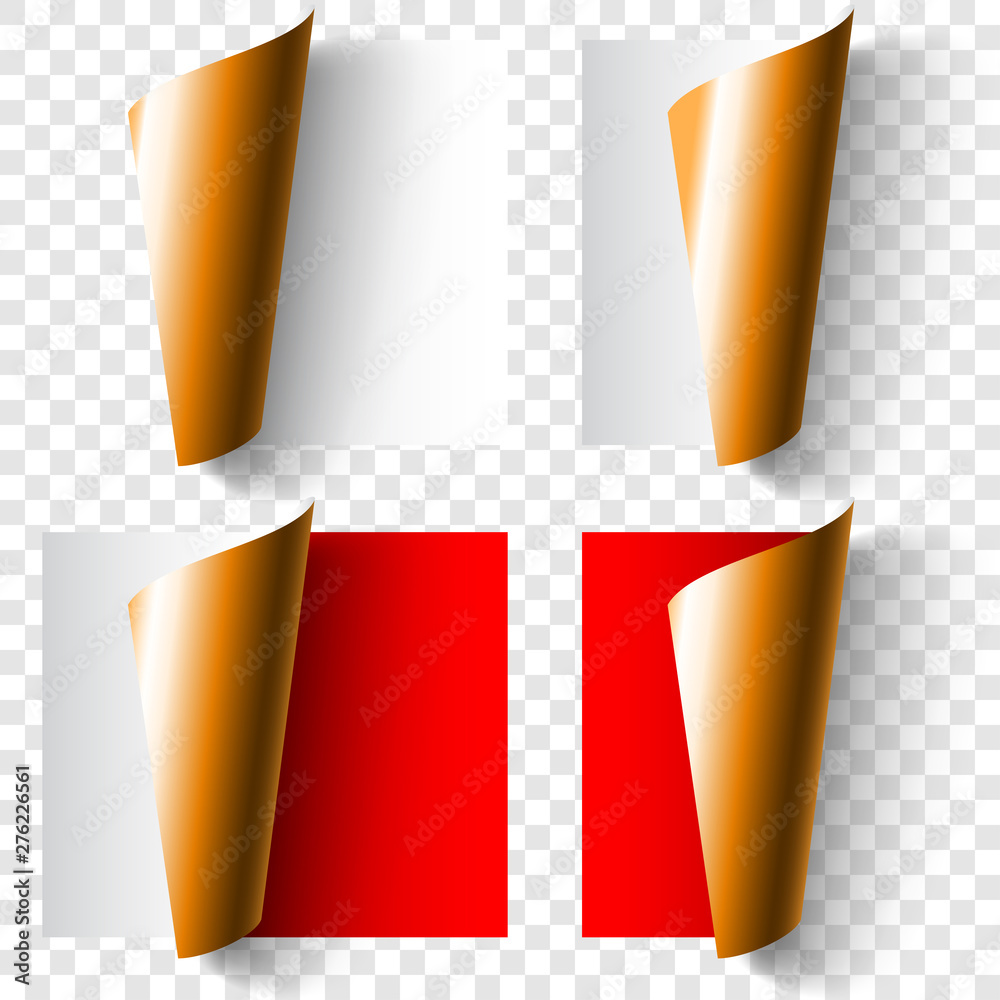 Set of realistic curled paper corners in white, red and golden colors with shadows Set of realistic curled paper corners in white, red and golden colors with shadows