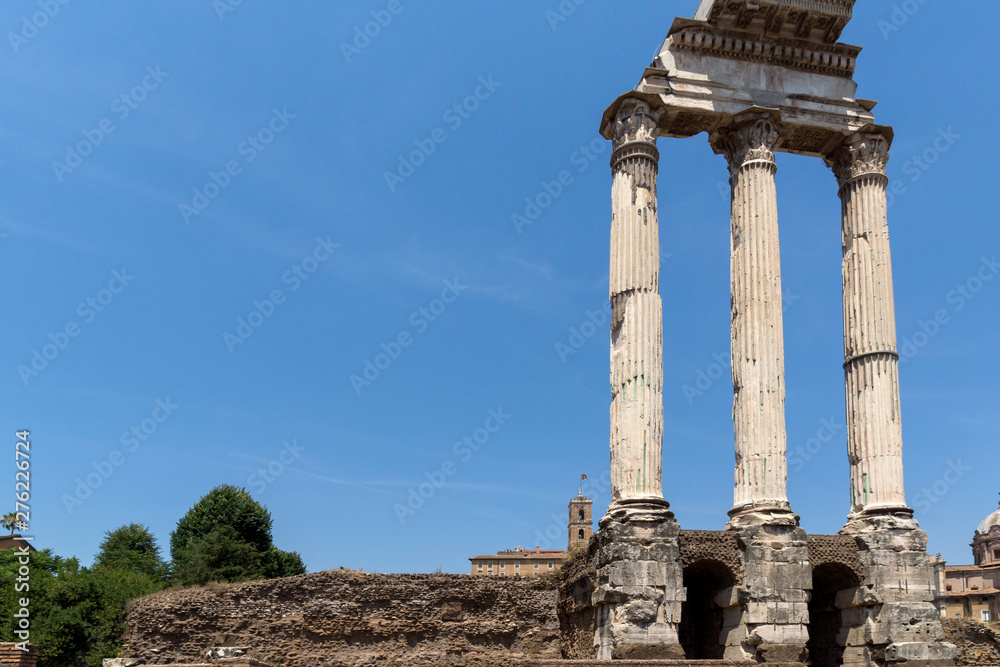 Ruins of Temple of Dioscuri at Roman Forum in city of Rome
