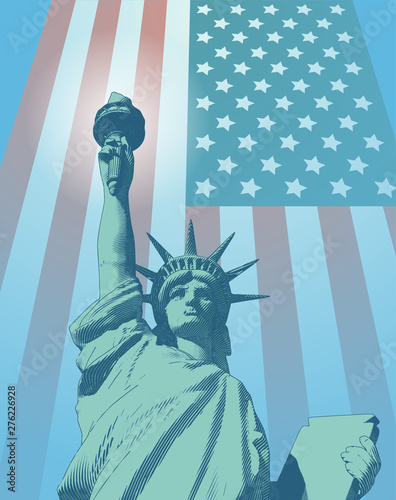 Engraving liberty illustration with USA flag on white BG