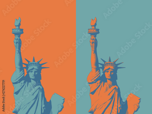 Engraving liberty illustration on green and orange BG