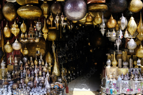 Amazing traditional handmade turkish lamps in souvenir shop, Morocco