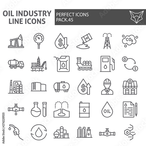 Oil industry line icon set, fuel production symbols collection, vector sketches, logo illustrations, nature resources signs linear pictograms package isolated on white background.
