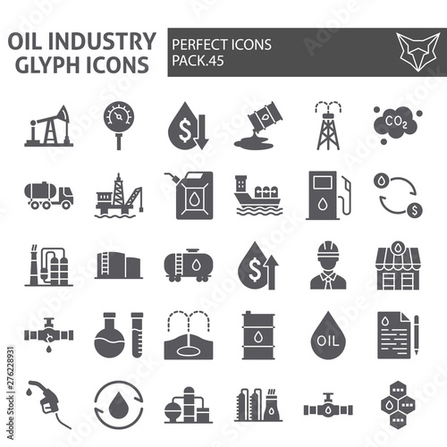 Oil industry glyph icon set, fuel production symbols collection, vector sketches, logo illustrations, nature resources signs solid pictograms package isolated on white background.