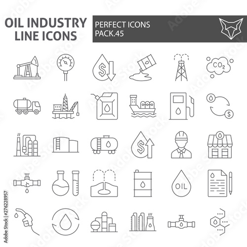 Oil industry thin line icon set, fuel production symbols collection, vector sketches, logo illustrations, nature resources signs linear pictograms package isolated on white background.