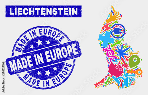 Mosaic service Liechtenstein map and Made in Europe seal stamp. Liechtenstein map collage made with scattered colored equipment, palms, production icons.