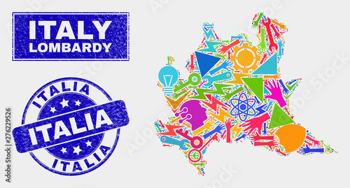 Mosaic service Lombardy region map and Italia seal stamp. Lombardy region map collage formed with random colorful tools, palms, security items. Blue round Italia stamp with distress texture.