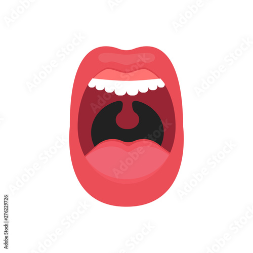 Open mouth isolated. Tongue teeth human body on white background. Dentist symbol or logotype flat design.