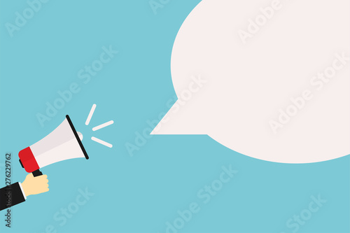 Hand holding megaphone with place for phrase. Isolated mock up or banner design.