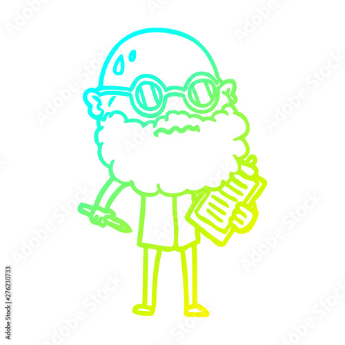 cold gradient line drawing cartoon worried man with beard and sunglasses taking survey