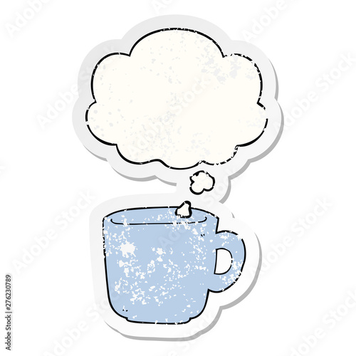 cartoon coffee cup and thought bubble as a distressed worn sticker