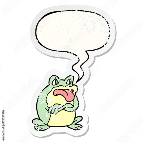 grumpy cartoon frog and speech bubble distressed sticker