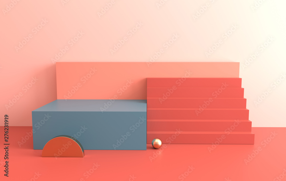 3d rendered interior with geometric shapes, podium on the floor. Set of platforms, stairs for product presentation, mock up background. Abstract composition in minimal design. Pastel colors 3d rendered interior with geometric shapes, podium on the floor. Set of platforms, stairs for product presentation, mock up background. Abstract composition in minimal design. Pastel colors