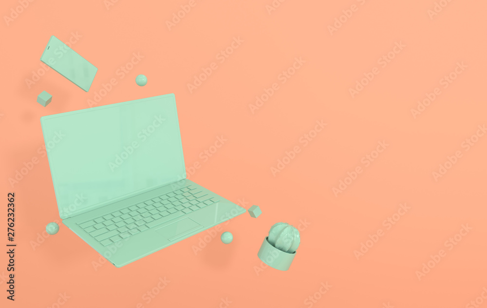 Laptop, smart phone and different geometric objects mockup background in modern minimal style. Notebook, cactus 3d render in pastel colors. Technology gadget concept Laptop, smart phone and different geometric objects mockup background in modern minimal style. Notebook, cactus 3d render in pastel colors. Technology gadget concept