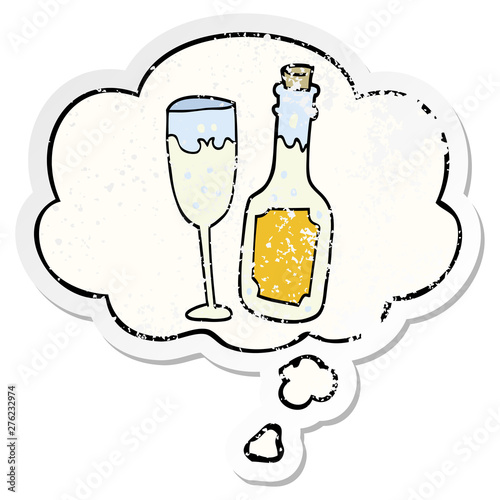 cartoon champagne bottle and glass and thought bubble as a distressed worn sticker