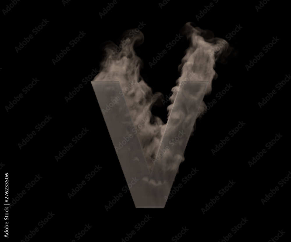 Artistic monster smoking alphabet - letter V made of dense fog or smoke isolated on black background, 3D illustration of symbols