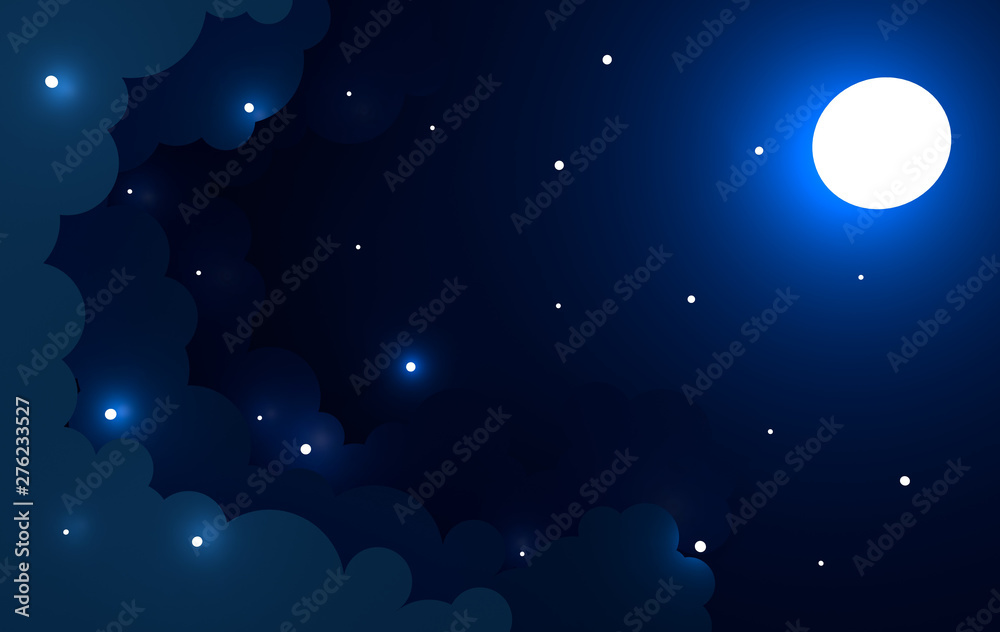 Paper art colorful fluffy clouds background with place for text. Modern 3d render origami paper art style. Night paper sky with shining stars and moon