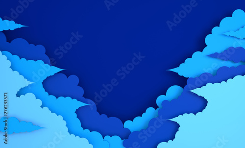 Paper art colorful fluffy clouds background with place for text. Modern 3d render origami paper art style. Pastel colored sky