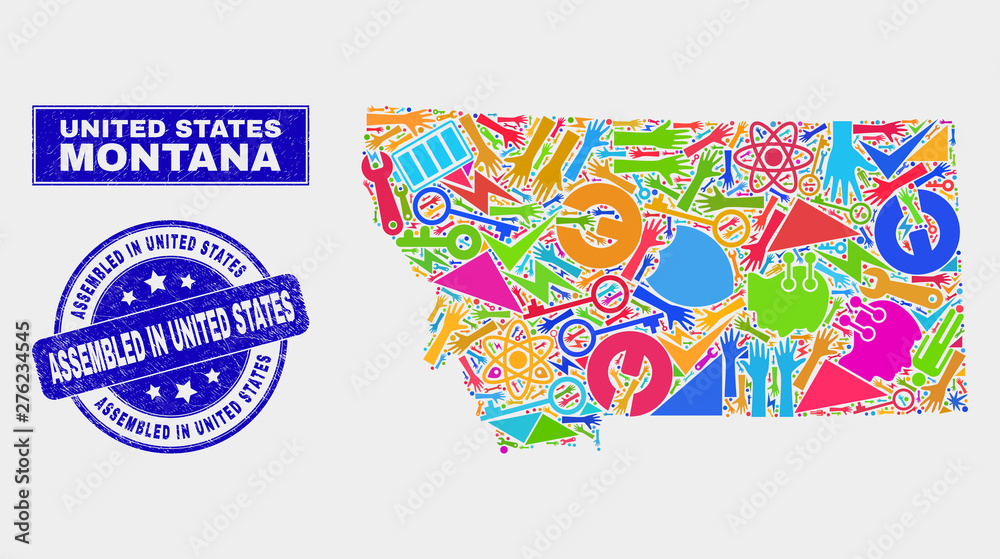 Mosaic industrial Montana State map and Assembled in United States seal stamp. Montana State map collage made with randomized colorful equipment, palms, industrial symbols. Mosaic industrial Montana State map and Assembled in United States seal stamp. Montana State map collage made with randomized colorful equipment, palms, industrial symbols.