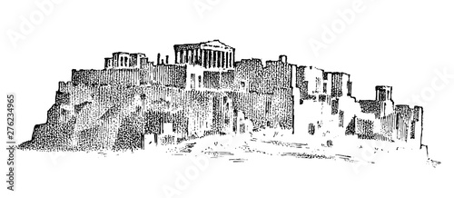 Landscape mountains and buildings in Greece. Ancient antique Greek culture. Double exposure. Hand drawn engraved sketch in vintage style. 