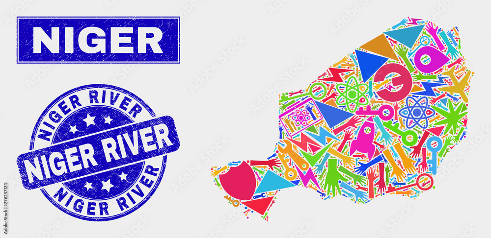 Mosaic tools Niger map and Niger River seal stamp. Niger map collage composed with randomized colorful tools, palms, security elements. Blue round Niger River stamp with dirty texture. Mosaic tools Niger map and Niger River seal stamp. Niger map collage composed with randomized colorful tools, palms, security elements. Blue round Niger River stamp with dirty texture.