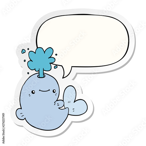 cartoon whale spouting water and speech bubble sticker