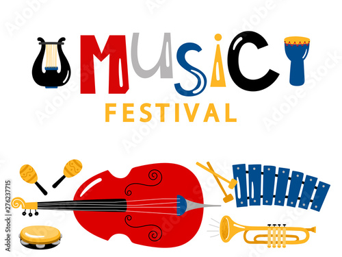 Music festival banner template with vector music instruments