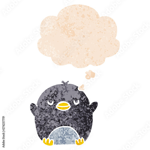 cartoon penguin and thought bubble in retro textured style