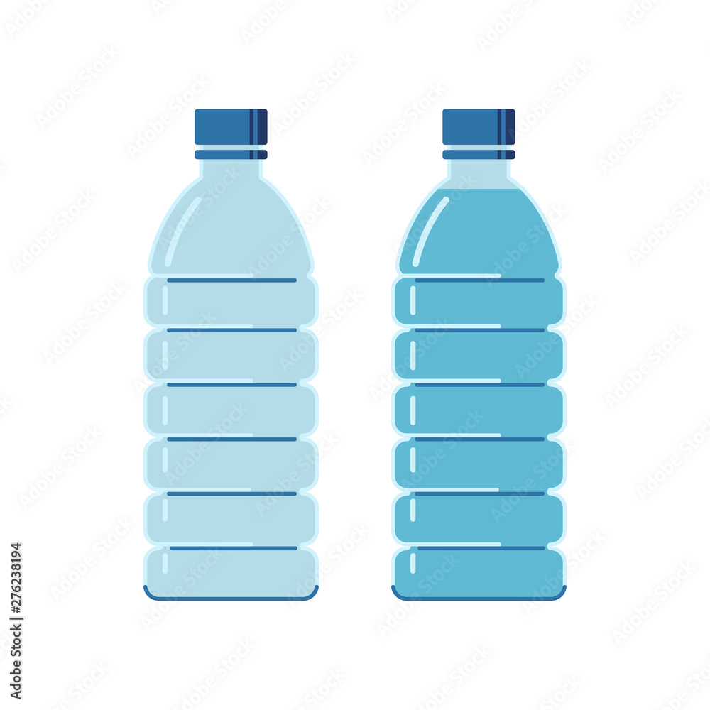 Two plastic bottles on a white background, empty and full. Flat style icons. Two plastic bottles on a white background, empty and full. Flat style icons.