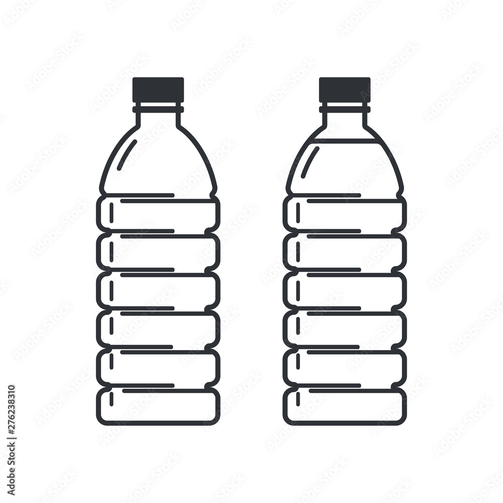 Two plastic bottles on a white background, empty and full. Flat style icons. Two plastic bottles on a white background, empty and full. Flat style icons.