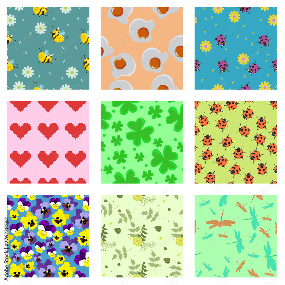 Set of cute seamless patterns. For scrabbooking, fabric, wrapping paper. Vector graphics. Set of cute seamless patterns. For scrabbooking, fabric, wrapping paper. Vector graphics.