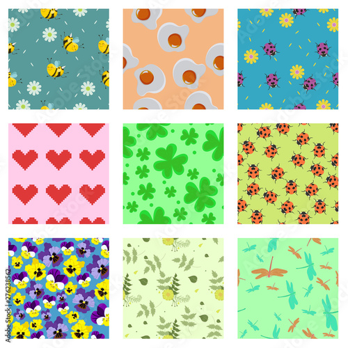 Set of cute seamless patterns. For scrabbooking, fabric, wrapping paper. Vector graphics.