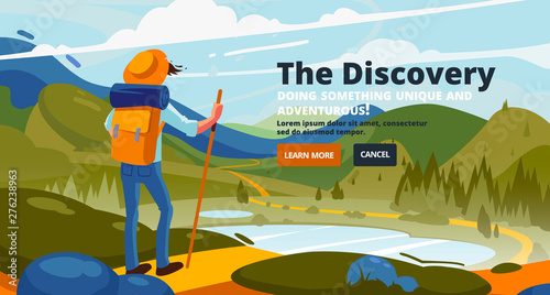 Discovery banner. Around the world. Concept of discovery, exploration, hiking, adventure tourism.