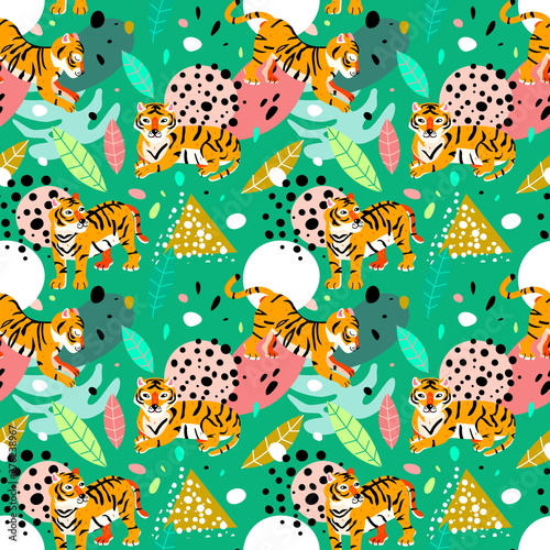 Exotic abstract pattern with leaves and tigers. 