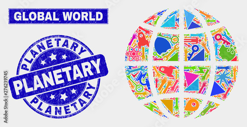 Mosaic technology planet globe and Planetary seal stamp. Planet globe collage formed with randomized bright tools, hands, service icons. Blue rounded Planetary seal stamp with grunge texture.