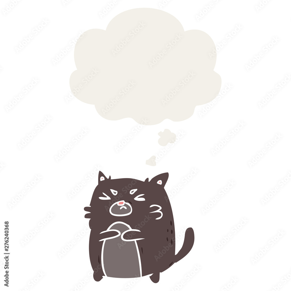 cartoon angry cat and thought bubble in retro style