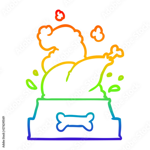 rainbow gradient line drawing whole cooked turkey crammed into a dog bowl for a happy christmas pup