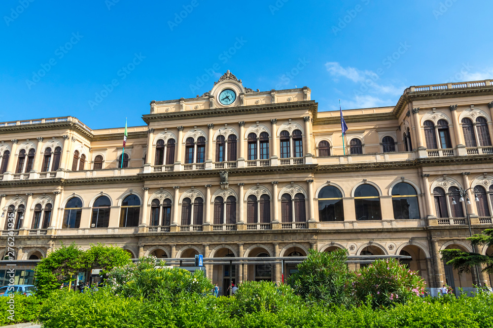 Palermo, Italy - May 9, 2018: Facade of Building of Palermo Centrale, main railway station of the Italian city of Palermo, capital of Sicily. One of the most important stations of Italy