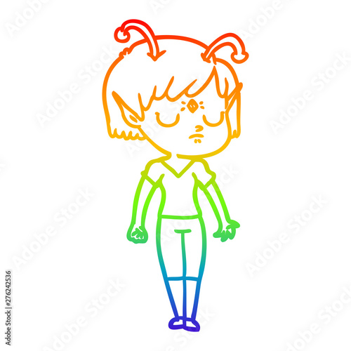 rainbow gradient line drawing cartoon alien girl